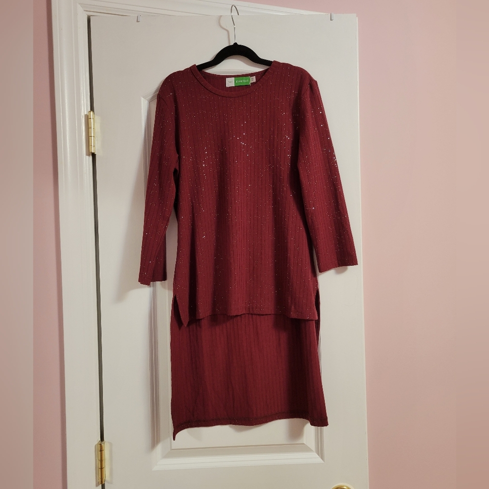 Red Ribbed Knit Long Sleeve Glitter High-Low Tunic- Womens XS- Causal, Autumn